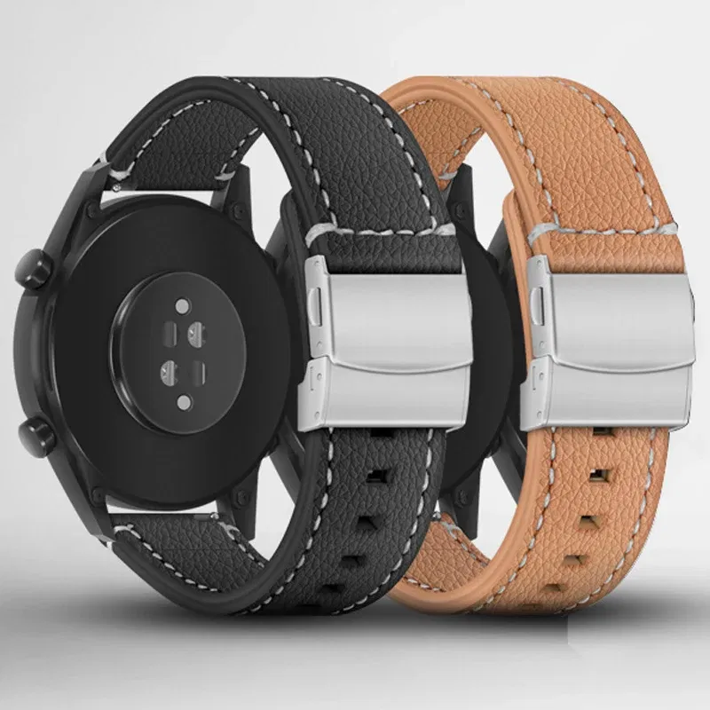 Band Color: BLACK WHITE, Band Width: 17mm - Soft Genuine Leather Smart Watch Band 18 20 22 24mm Women Men Cowhide Strap Brown Black Quick Release Watchband Bracelet