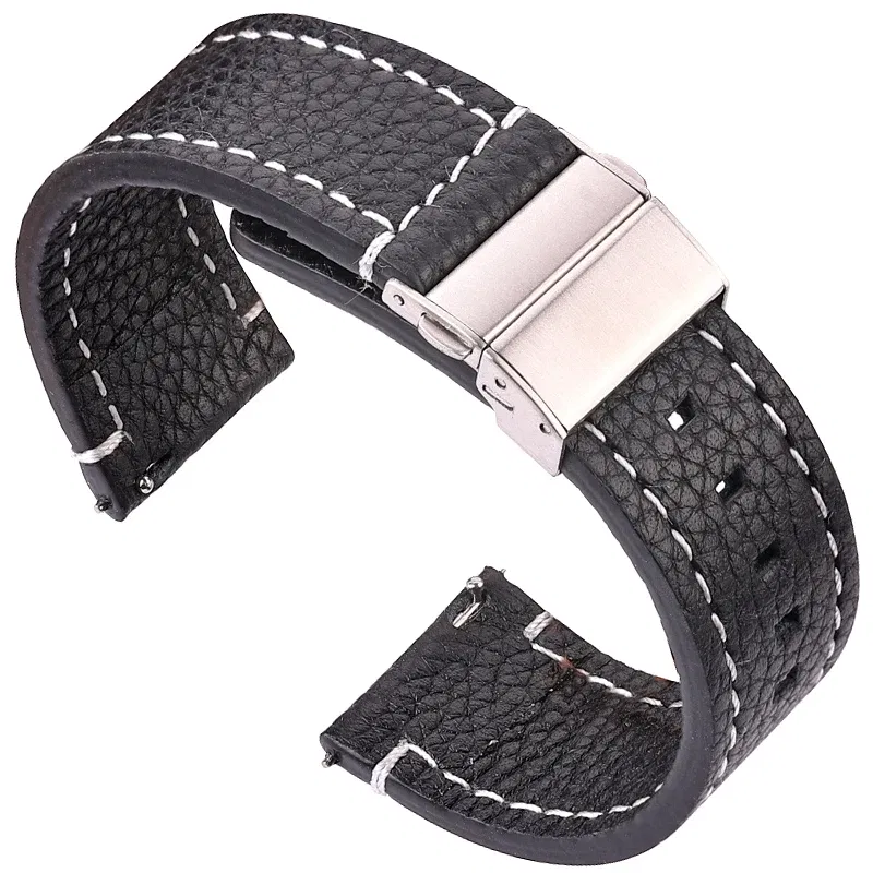 Band Color: BLACK WHITE, Band Width: 17mm - Soft Genuine Leather Smart Watch Band 18 20 22 24mm Women Men Cowhide Strap Brown Black Quick Release Watchband Bracelet