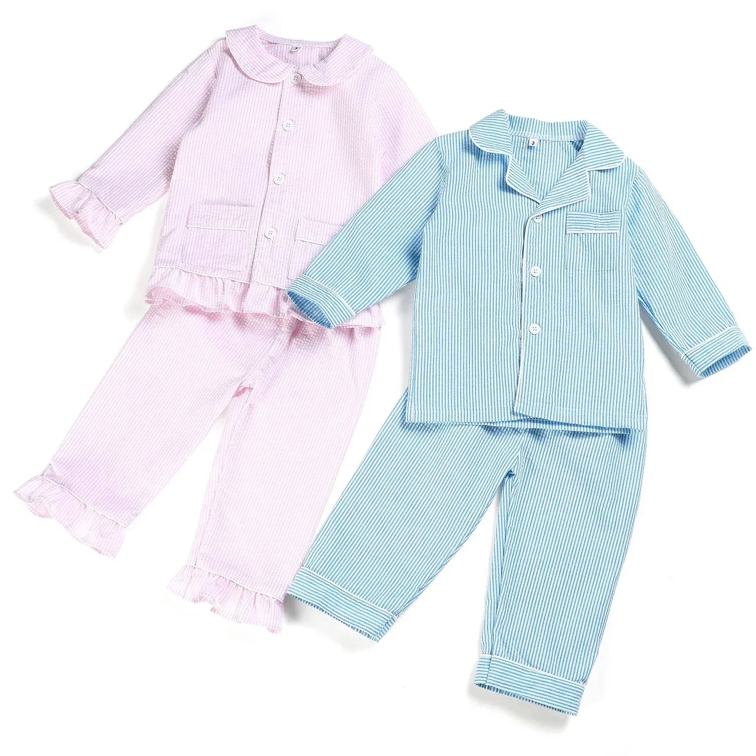 Color: Lavender, Ships From: CHINA, Kid Size: 7t - Ruffkids 100% Cotton Summer Kids Pajamas Sleepwear Seersucker Striped Matching Pjs Boys Clothes Loungewear Girls Pyjamas Set
