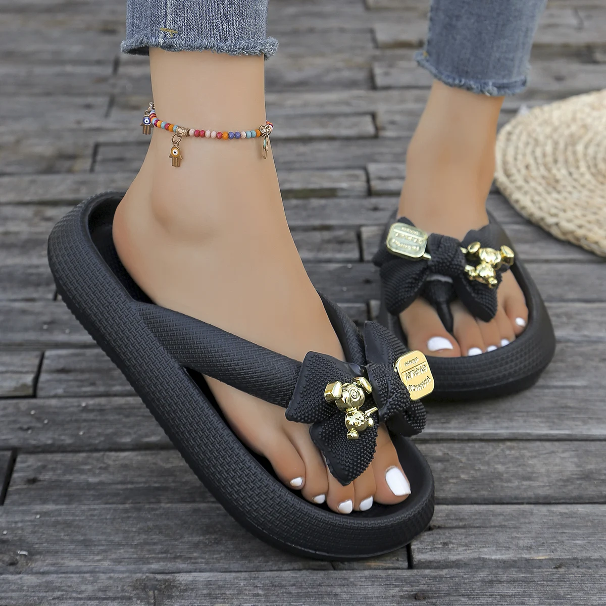 Color: MINT GREEN, Shoe Size: 38-39 - Summer Multi Color Women's Flip Flops Fashionable Metallic Teddy Bear Bow Slide Sandal Beach Vacation Home Versatile  Footwear