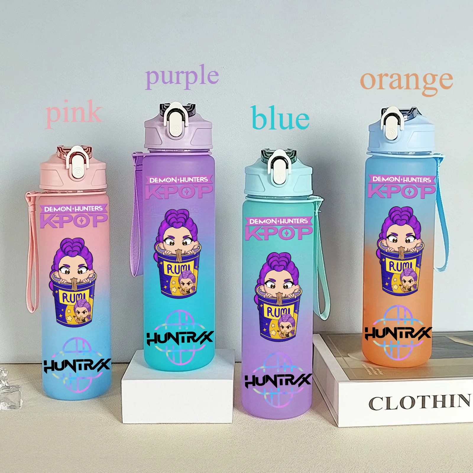 Color: plum, Size: 12cm - 750ML K-pop Demon Hunters HUNTR X Rumi Mira Zoey Jinu Celine Kpop Plastic Water Cup K Pop Drinking Bottle School Huntrix Gourde