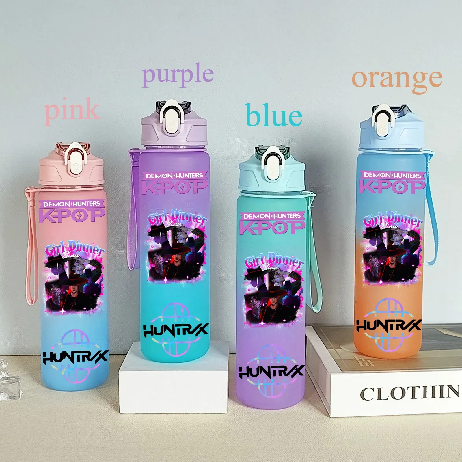 Color: plum, Size: 12cm - 750ML K-pop Demon Hunters HUNTR X Rumi Mira Zoey Jinu Celine Kpop Plastic Water Cup K Pop Drinking Bottle School Huntrix Gourde