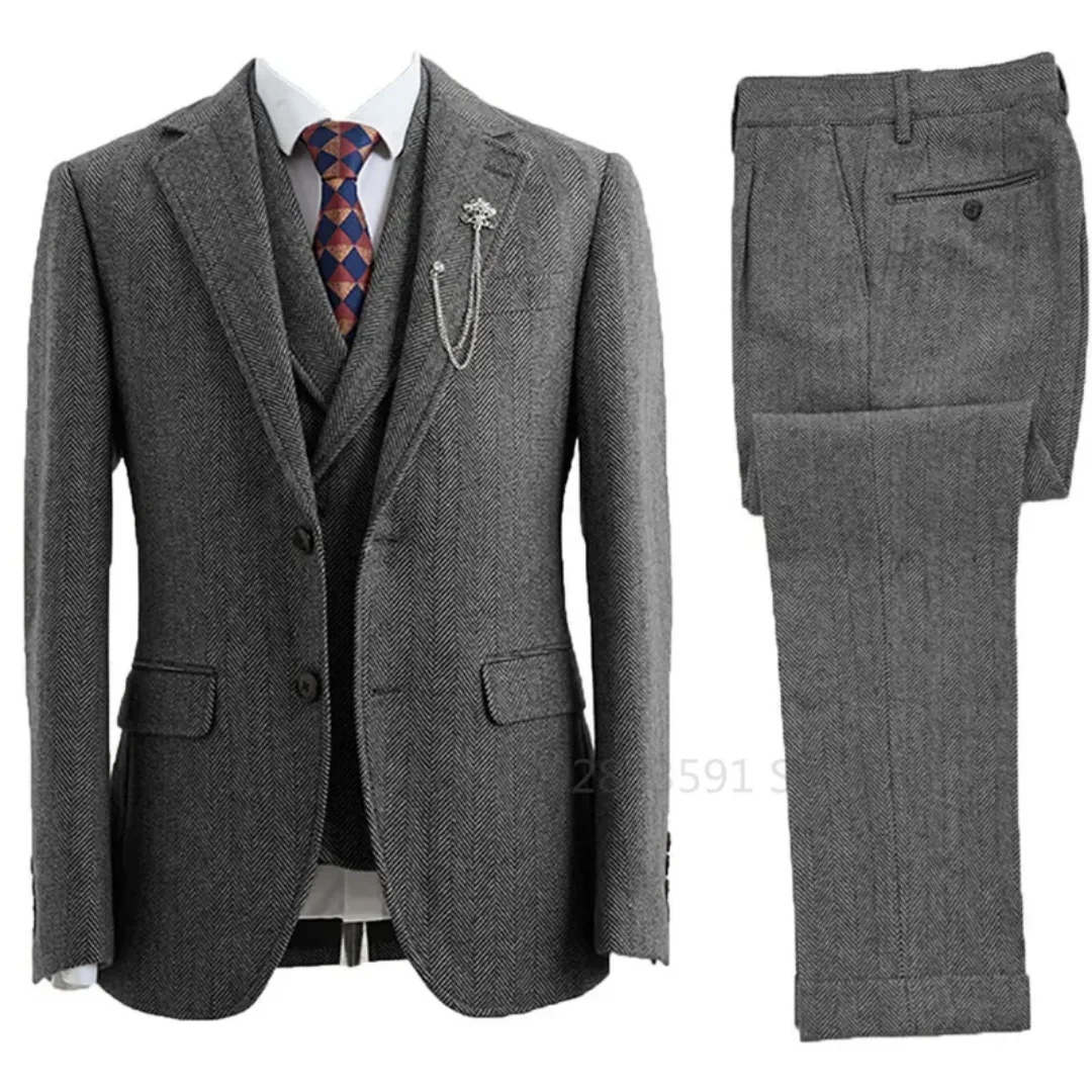 Color: Dark Grey, Size: S - 3 Piece Men Suit Tweed Herringbone Double-Breasted Wedding Tuxedos Size Men Clothing Casual Style Men's Fashion Costume Homme