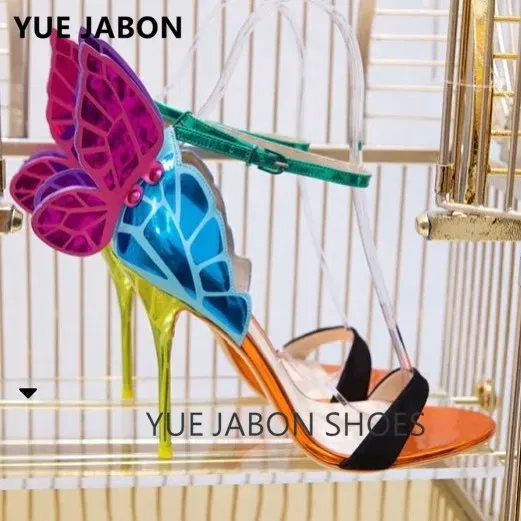 Color: multi, Shoe Size: 9.5 - Women Summer Sandals Fashion Embroidered Satin Butterfly High Heeled Footwear Adjustable Ankle Strap Shoes Women high heels
