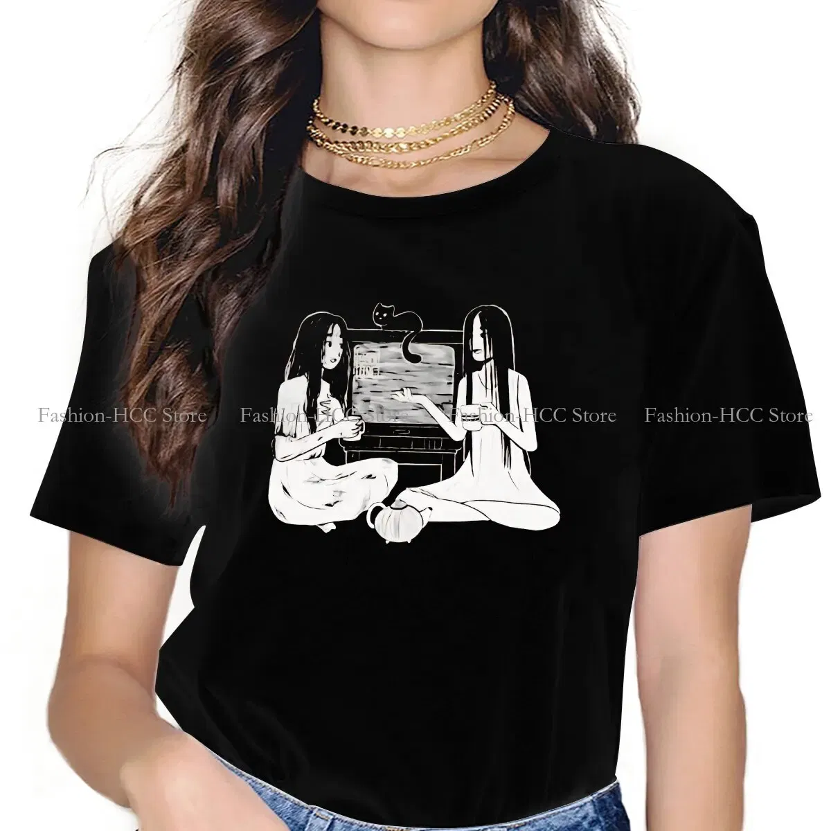 Color: black, Size: XL - Sadako And Kayako Tea Time Newest Polyester TShirts Ju On The Grudge Movie Momen Graphic Tops T Shirt O Neck