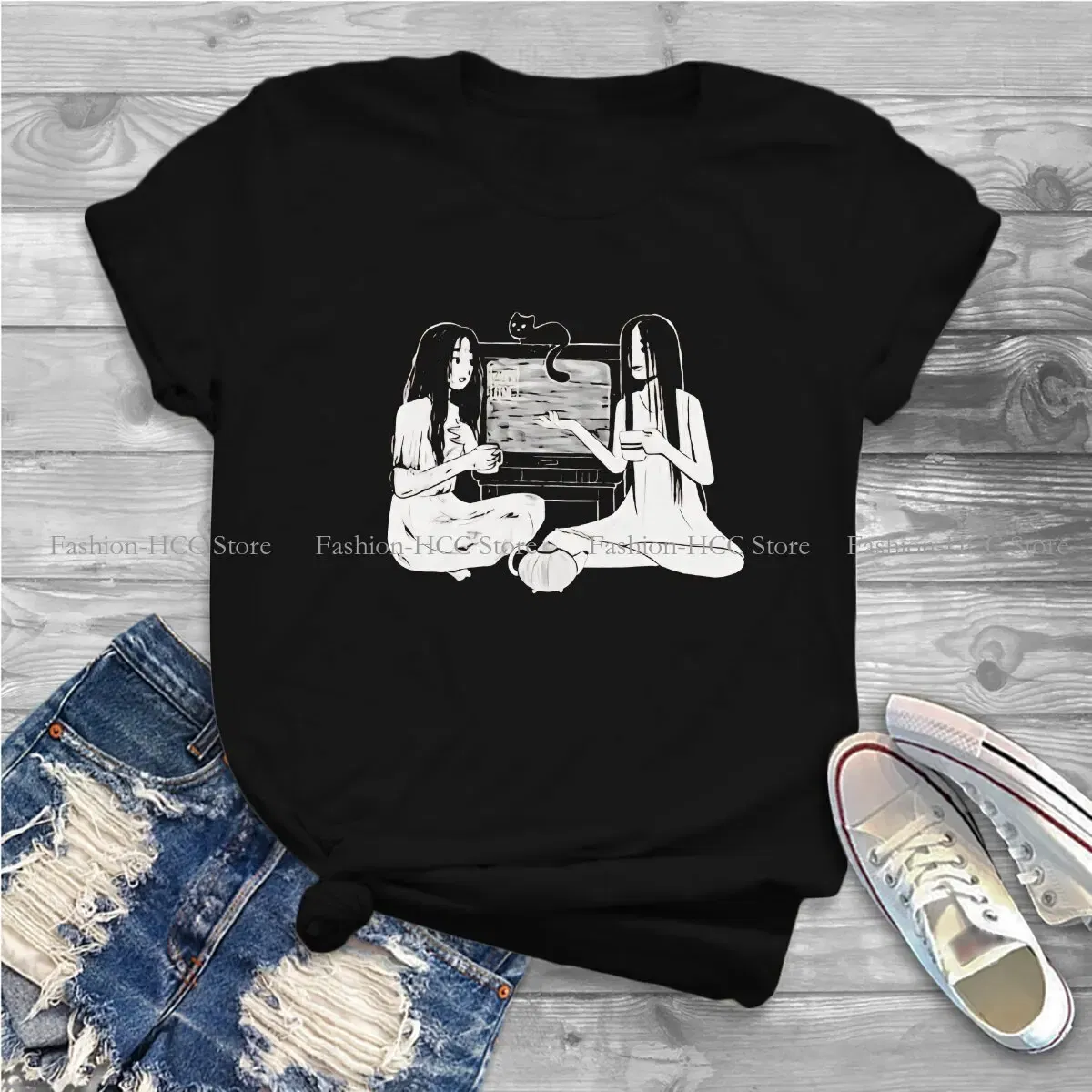 Color: black, Size: XL - Sadako And Kayako Tea Time Newest Polyester TShirts Ju On The Grudge Movie Momen Graphic Tops T Shirt O Neck