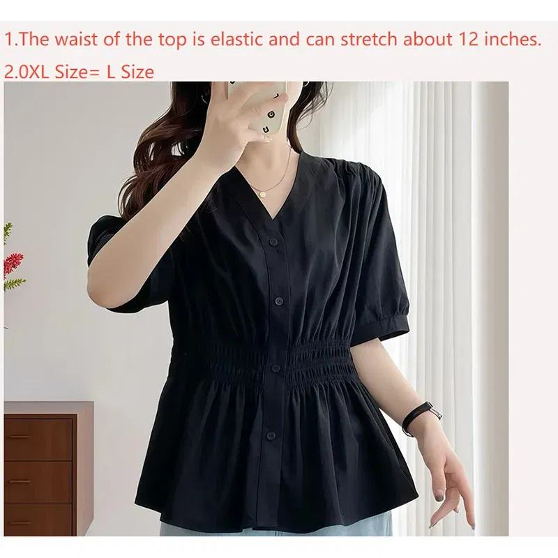 Color: Glowing Yellow, Size: 2XL - 200 Pounds Plus Size Elastic Waist Summer Shirt And Blouse Short Sleeve Solid Top Women's New In Clothes Simple V-neck French
