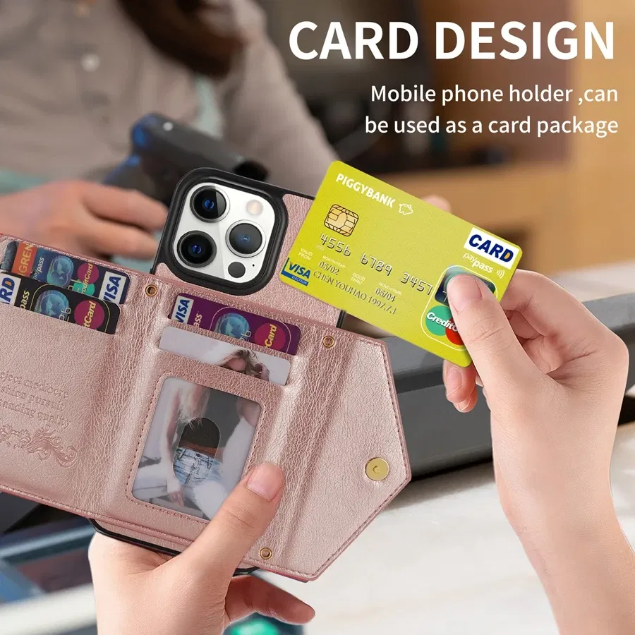 Material: leather, Color: Pink - Wallet Side Card Zipper Flip Crossbody Leather Case For iPhone 15 14 Pro Max 13 Mini 12 11 SE 2022 2020 X XS XR 8 7 6 6s Plus