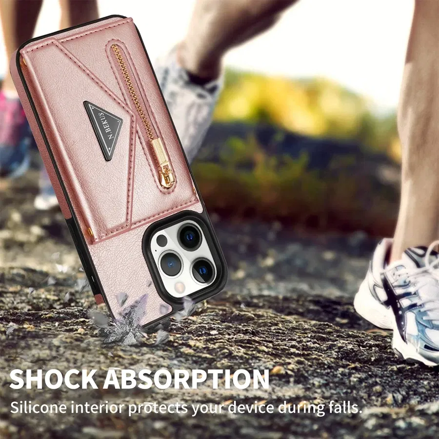 Material: leather, Color: Pink - Wallet Side Card Zipper Flip Crossbody Leather Case For iPhone 15 14 Pro Max 13 Mini 12 11 SE 2022 2020 X XS XR 8 7 6 6s Plus