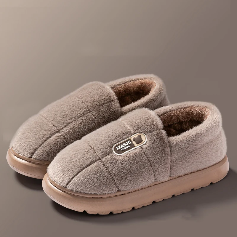Color: Red, Shoe Size: 36-37 - Men's slippers Winter Solid Color Wrap Heels Plush Slippers Non-slip Warm Women Men Home Casual Cotton Shoes Big Size 50 51