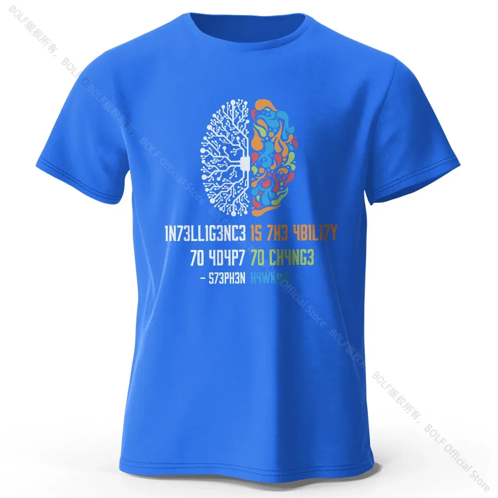 Color: Blue, Size: L - Funny Brain Power Printed 100% Cotton T-Shirt, Soft & Breathable Round Neck Short Sleeve Tee, Unisex Quirky Style