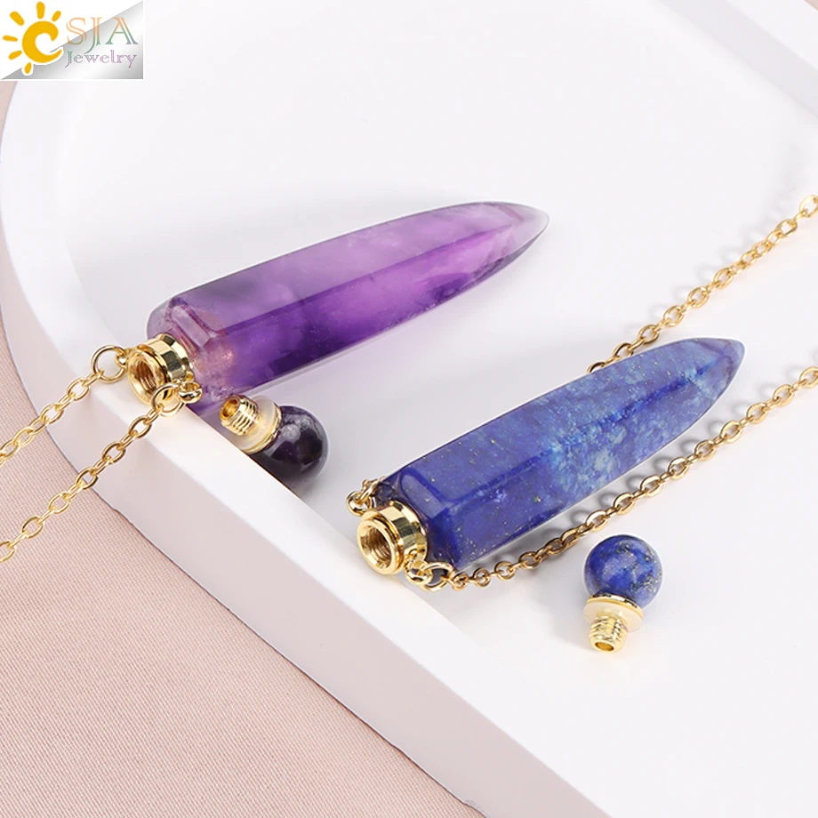 Metal color: Light Yellow Color - CSJA Crystal Perfume Bottle Women Necklace Natural Stone Hexagonal Cone Pendant Reiki Oil Diffuser Necklaces Christmas Gift H358