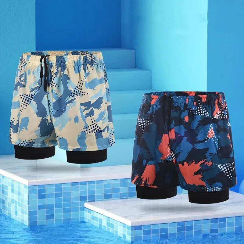 Size: XXL, Color: Orange - Summer Men's New Quick-drying Double-layer Anti-embarrassment Loose Printed Adult Professional Swimming Trunks