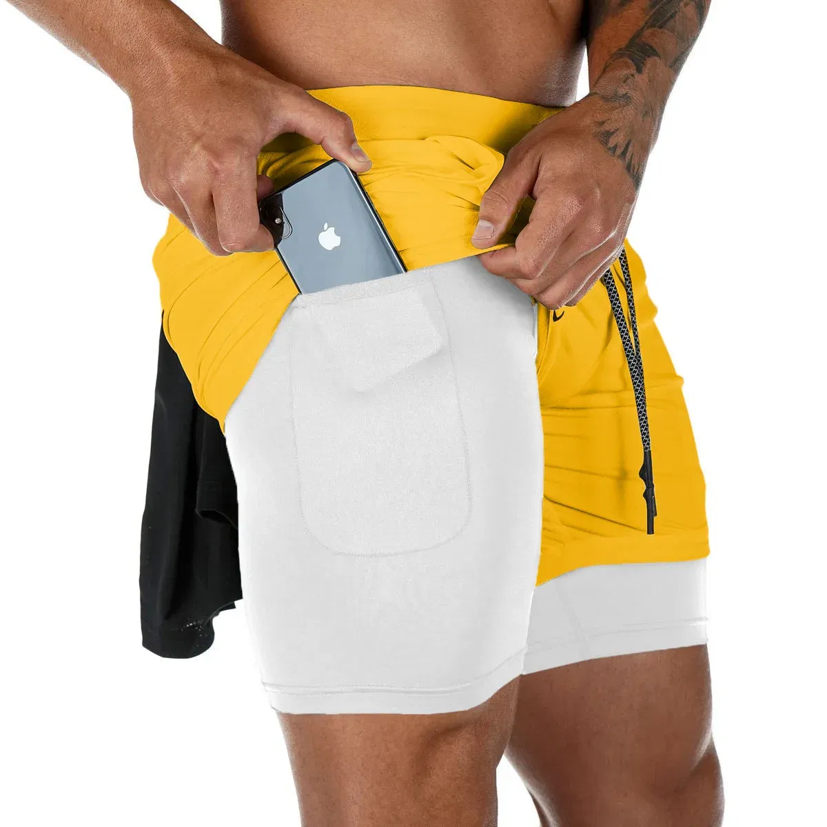 Color: Gold, Size: M - Men's Double Layer Fitness Shorts Drawstring Mesh Lining Elastic Waist Breathable Quick Dry to Beach Pool Summer Male
