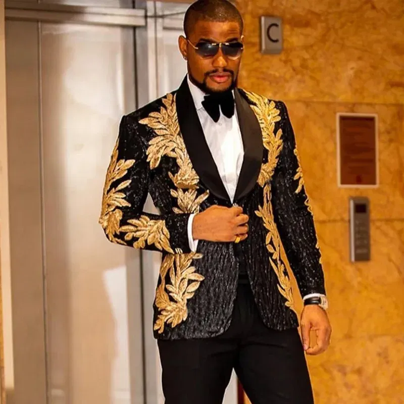 Color: Beige, Size: XXXL - Men's Gold Sequin Applique Fashion Trend Suit Set High-Quality Casual Jacket And Western Pants Two-Piece Ensemble