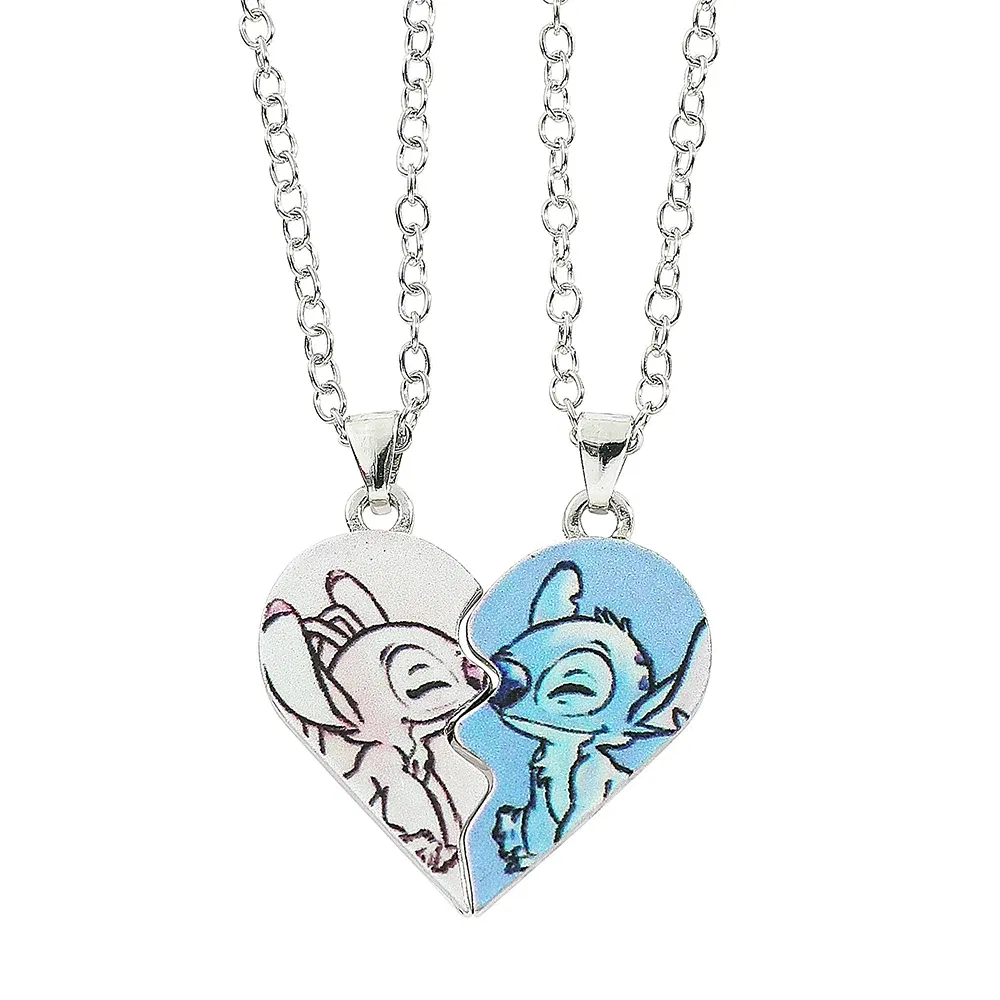 Metal Color: Antique Silver Plated - Disney-Stitch Heart Necklace for Couple, Gold and Silver Color, Angel and Stitch, Cute Style , Jewelry Pendant, Gift for Girl, 1