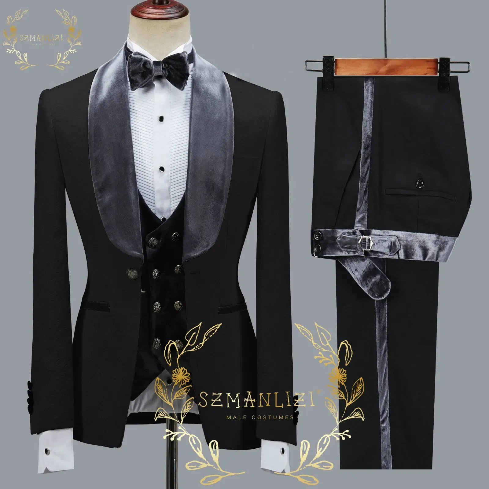 Color: MULTI, Size: XS - SZMANLIZI 2022 Latest Designs Black Floral Party Blazer Men Suits Costume Homme Groom Tuxedos Wedding Terno Masculino 3 Pieces
