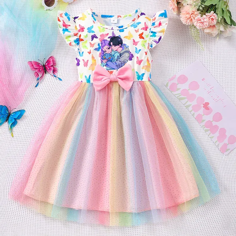 Color: DEEP BLUE, Size: One Size, Ships From: CHINA, Height: 158 - KPop Demon Hunter Christmas Princess Dress Girl Fashion Casual Autumn Butterfly Dress Wedding Birthday Party Dress Gift Clothes