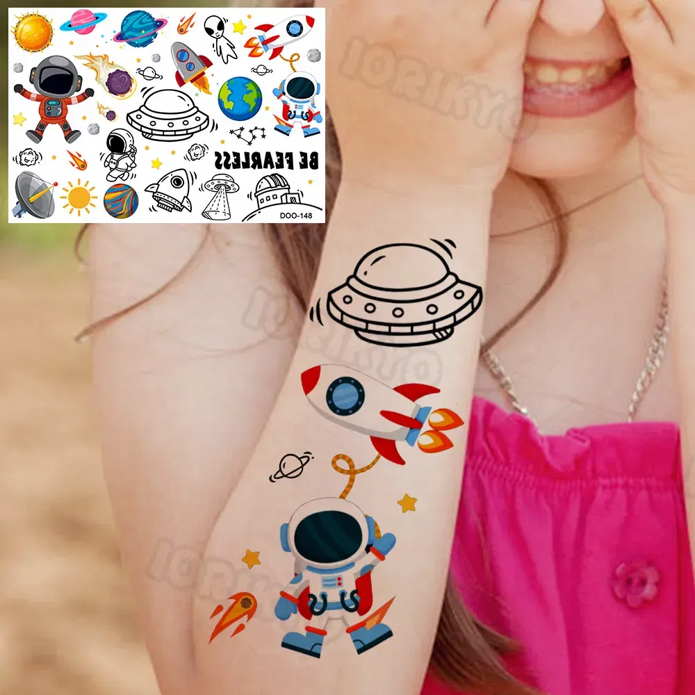 Color: Yellow - Airplane Spaceman Temporary Tattoos For Kids Face Neck Boy Girls Adult Fake Planets Astronaut Tattoo Sticker Black Cartoon Tatoo