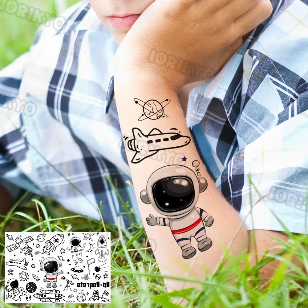 Color: Red - Airplane Spaceman Temporary Tattoos For Kids Face Neck Boy Girls Adult Fake Planets Astronaut Tattoo Sticker Black Cartoon Tatoo