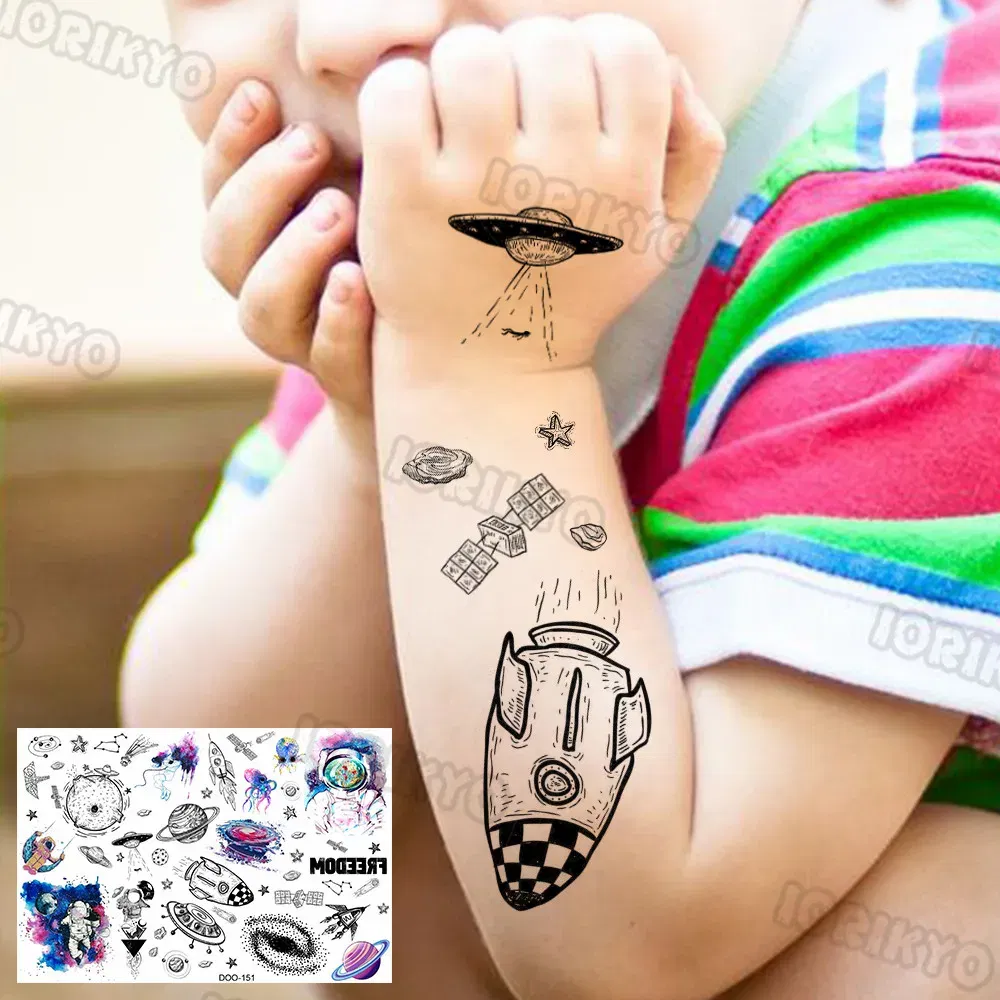 Color: Red - Airplane Spaceman Temporary Tattoos For Kids Face Neck Boy Girls Adult Fake Planets Astronaut Tattoo Sticker Black Cartoon Tatoo