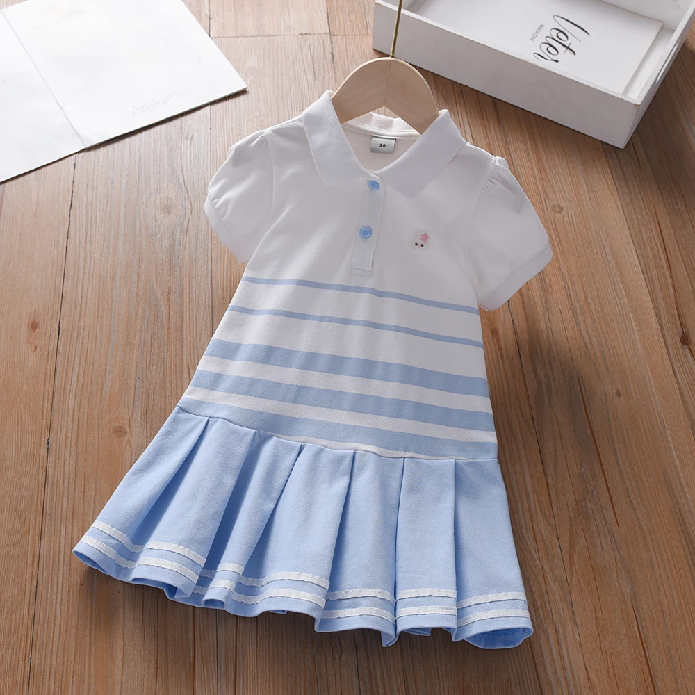 Color: army green, Kid Size: 2T - Girls' Fashion Polo Dress with Stripes Kids Elegant Puffed Sleeves Clothes Baby Girls Summer Dresses