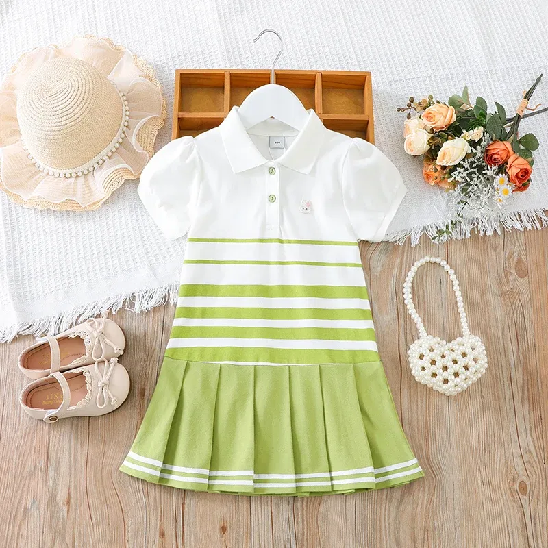 Color: army green, Kid Size: 2T - Girls' Fashion Polo Dress with Stripes Kids Elegant Puffed Sleeves Clothes Baby Girls Summer Dresses