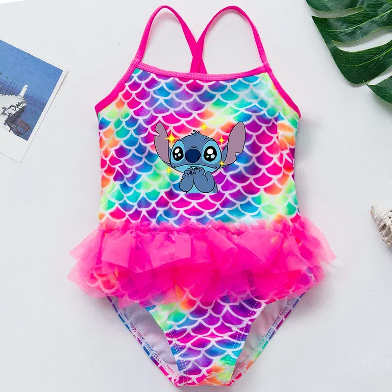 Color: Dark Grey, Kid Size: 9M - Lilo Stitch Girl Swimsuit Summer One-Piece Swimwear Beachwear Pool Mermaid Fish Scale Print Bikini Bathing Outfit Swimming Wear