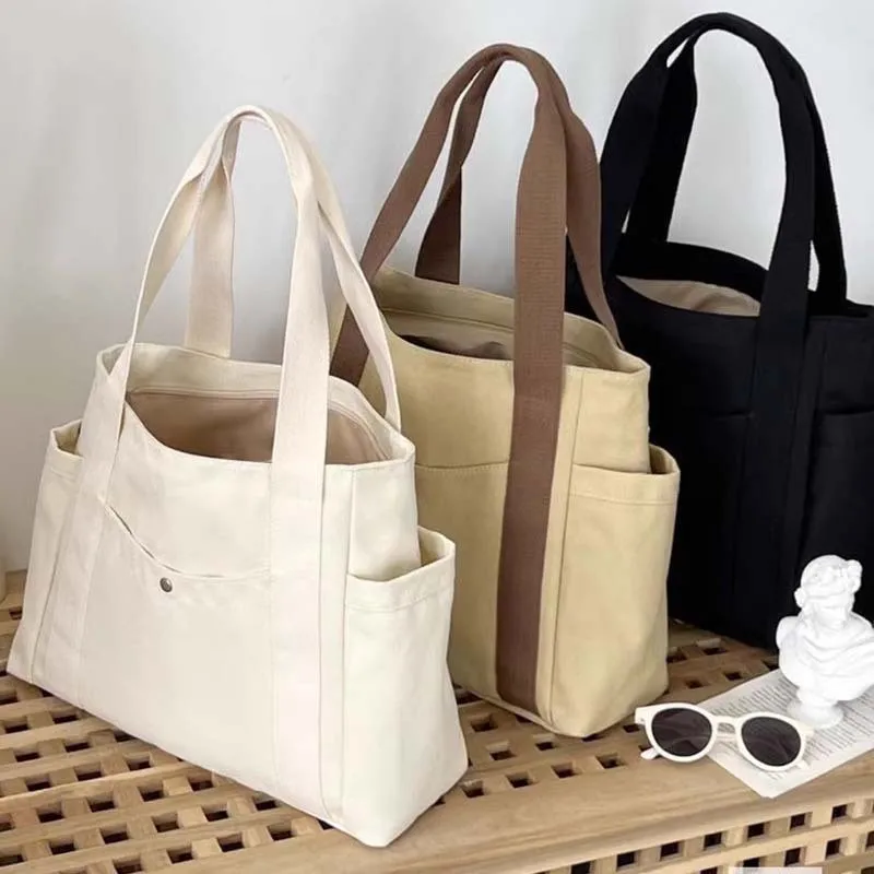 Color: Khaki - Large Capacity Canvas Tote Bags For Work Commuting Carrying Handbag College Style Student Outfit Book Shoulder Bag Women Bags