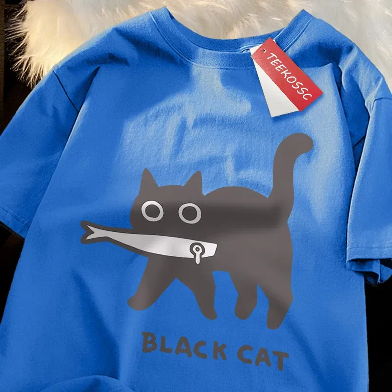 Color: army green, Size: S - Fun A Black Cat Eating Fish Japanese Style Men Women T-Shirt Fashion Print T Shirt Breathable Oversize T-Shirts Cotton Clothes