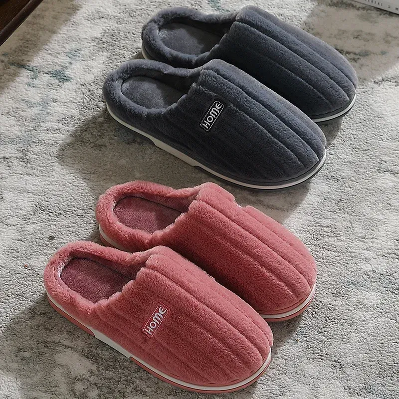 Color: Brown, Shoe Size: 40-41 - New Men Big Size 48 49 Winter Warm Slippers Women Soft Plush Furry Shoes Casual Flats Home Couples Bedroom Anti-Slip Slides
