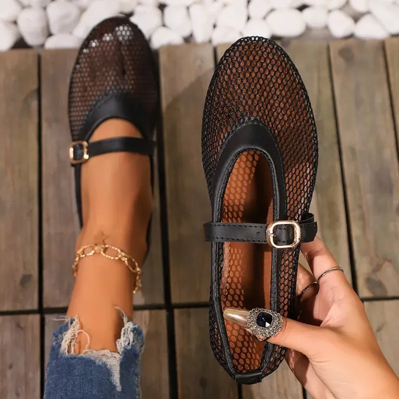 Color: WHITE, Shoe Size: 36 - Round head one buckle strap ballet shoes women's soft bottom flat hollow Mary Jane single fishing net shoes