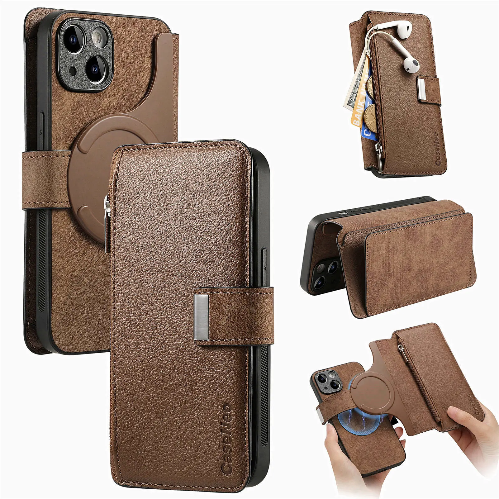 Color: SKY BLUE, Material: Nylon - With Magsafe Wallet Case For Xiaomi Poco X6 X5 X3 M6 M5S M4 M3 F6 F5 Pro F3 C31 Zipper Leather Multi 6 Card Slot Removable Cover