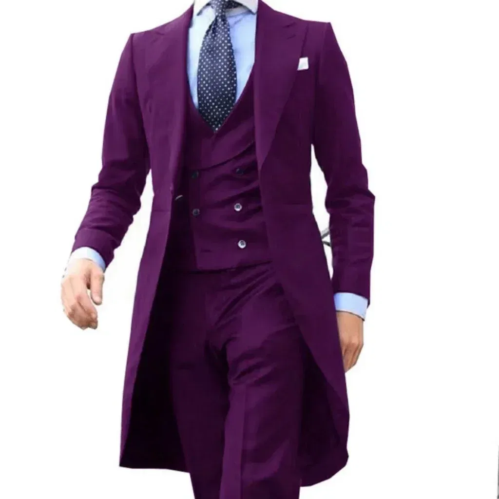 Color: PURPLE, Size: XXXL - Elegant man suit Slim Fit Suit Luxury Formal Tuxedos Wedding 3 Pieces Blazer Vest Pants Set Long Tail Coat One Button Custom