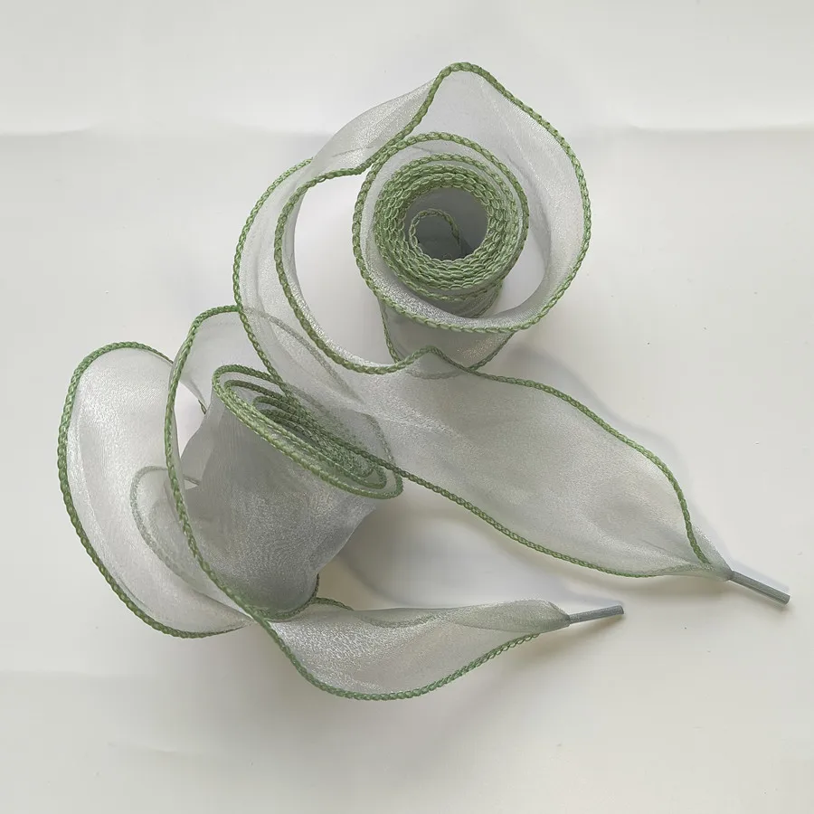 Color: green, Length: 100cm - 4cm Wide Festoon Fishtail Organza Shoelaces Wave Chiffen Fall Winer Bow Laces Beauty White Casual Sneaker DE Training Shoes Lace