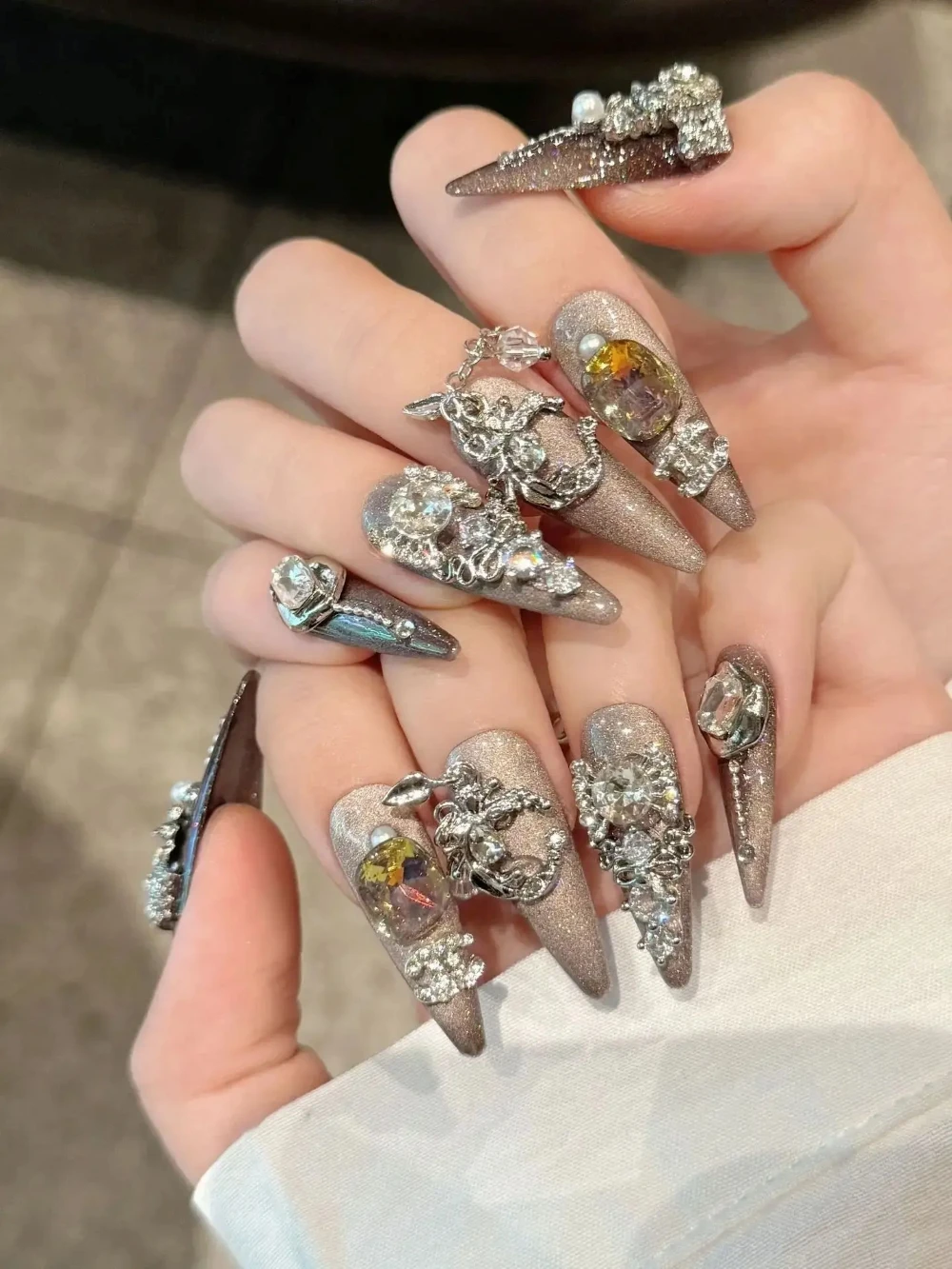 Color: WHITE - Handmade Press on Taiwu Starry Sky Magic Mirror Cat Eye Handmade Wearing Heavy Industry