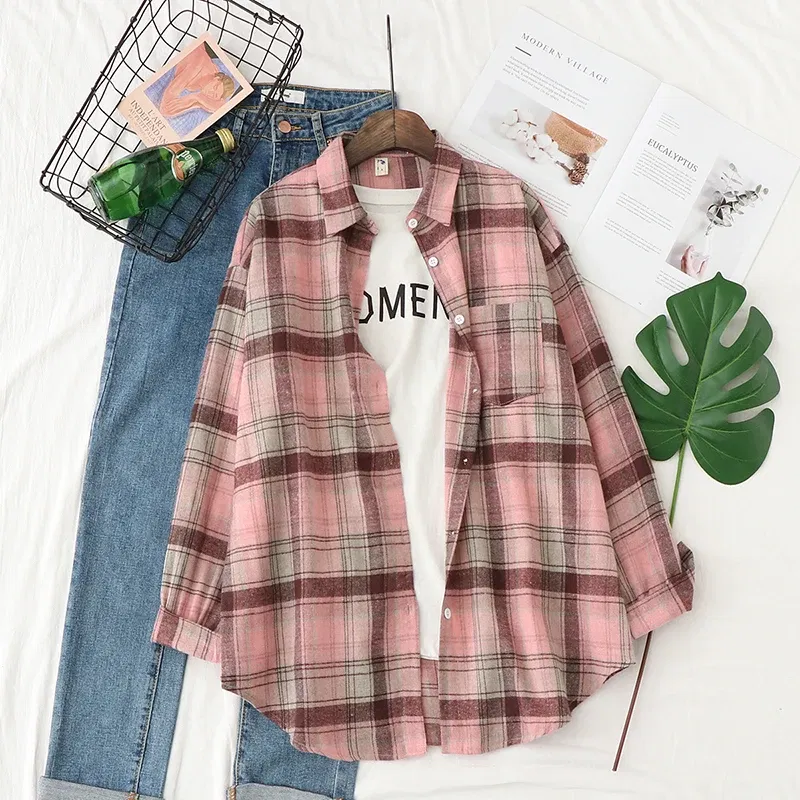 Color: DEEP BLUE, Size: XL - Fresh Flannel Plaid Shirt Women 2025 New Female Blouses and Tops Cotton Loose Long Sleeve Casual Shirts Fine Women's Clothes