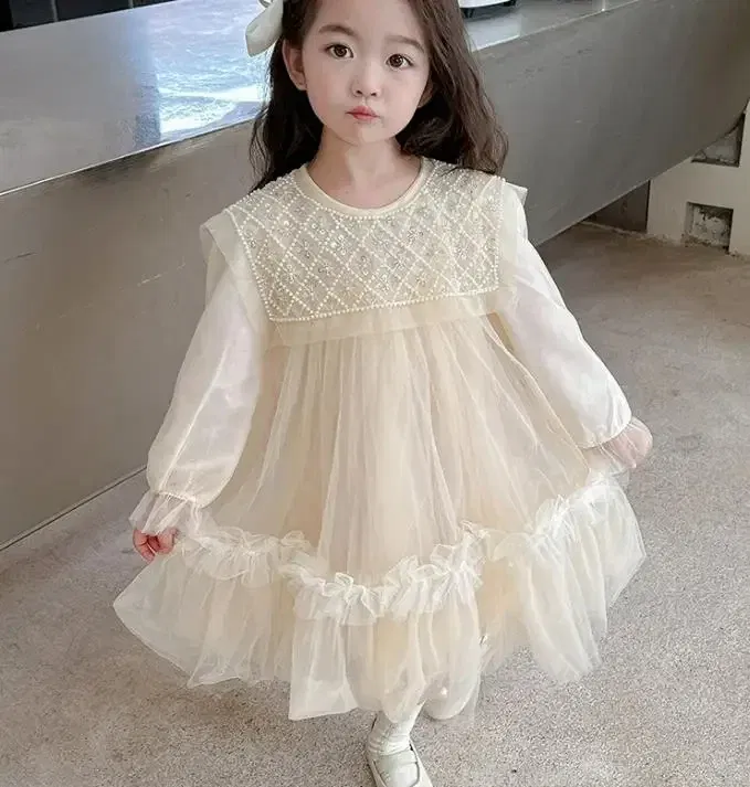 Color: Beige, Kid Size: 2T - Girls' Princess Dress 2023 Spring Summer Children's Wear Korean  Pearl Neck Princess Dress Fashion Yarn Dress