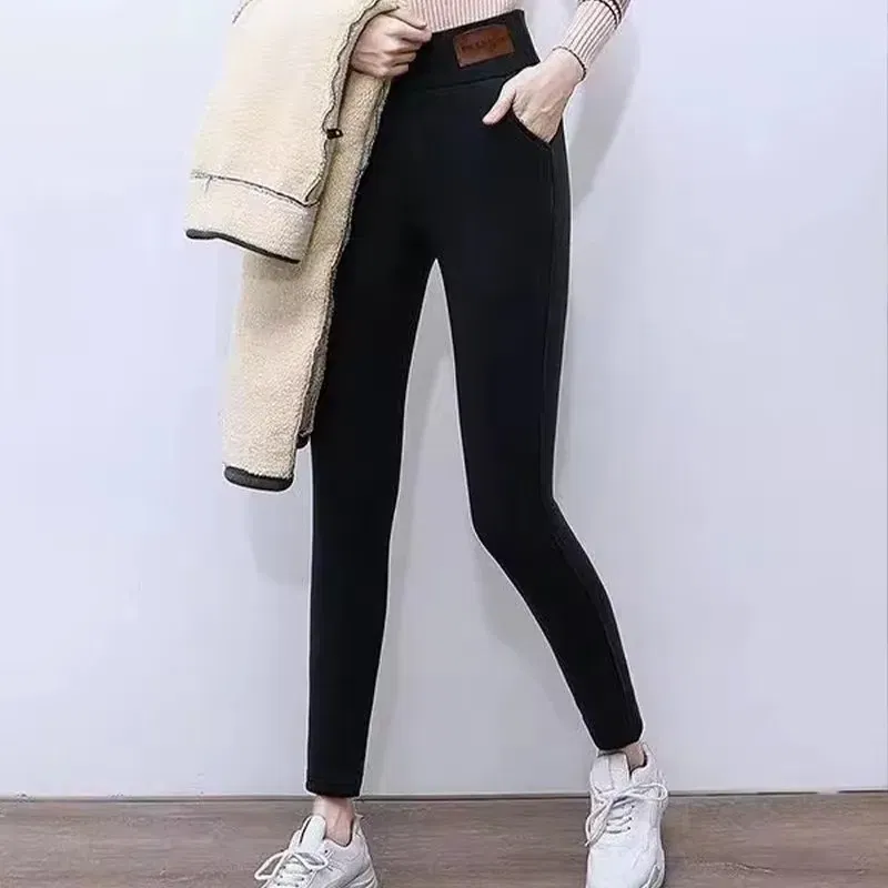 Color: Gold, Size: M - Thermal Leggings Women Winter Warm High Waist Simplicity Warm Pants Fashion Black Elasticity Autumn Velvet Comfortable Leggins