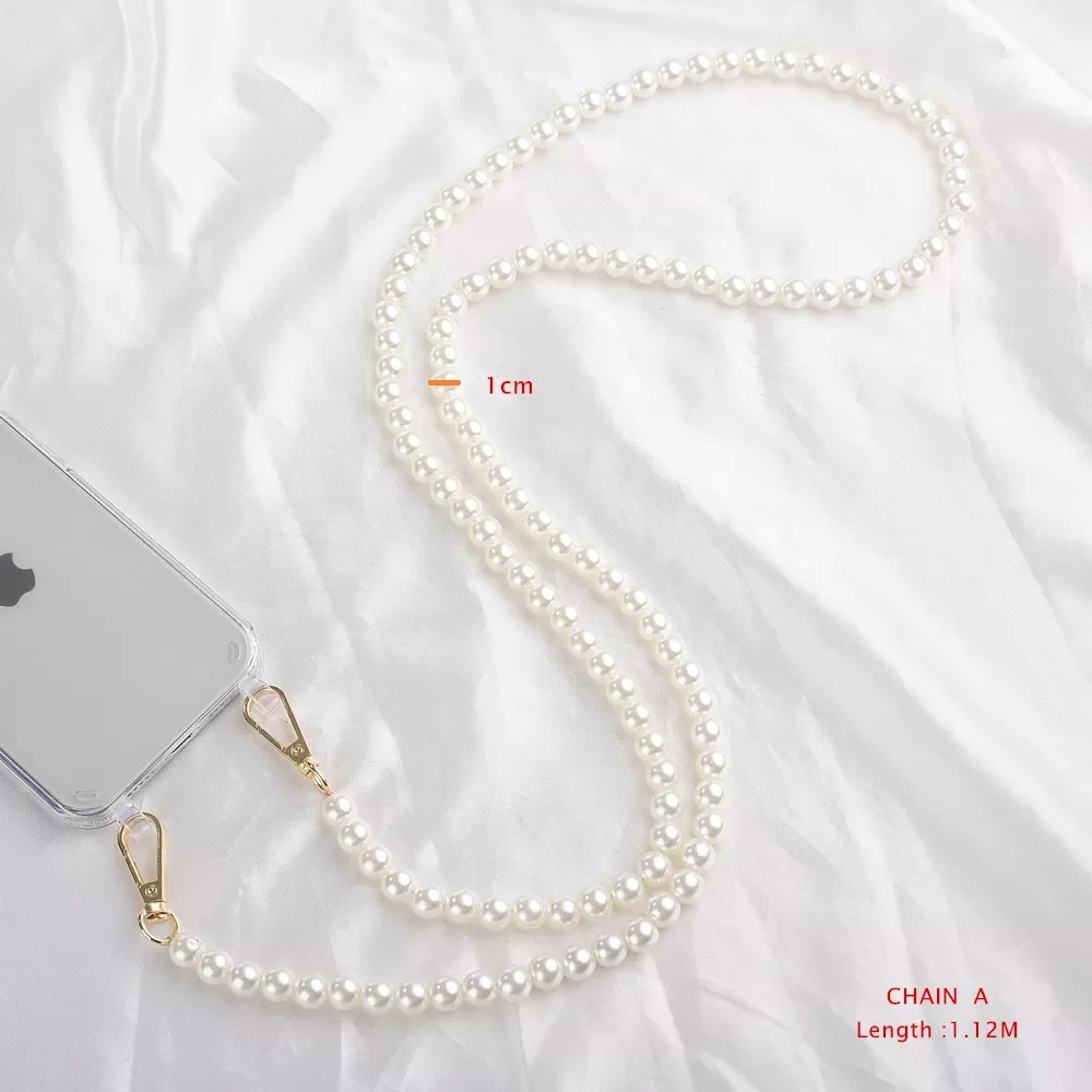 Color: Beige, Bundle: Case & Strap, Material: Silicon - Pearl Bracelet Wrist Chain Phone Case For iPhone 13 12 11 14 15 Pro Max XR X XS Mini 7 8 Plus SE Transparent Hard Acrylic Cover