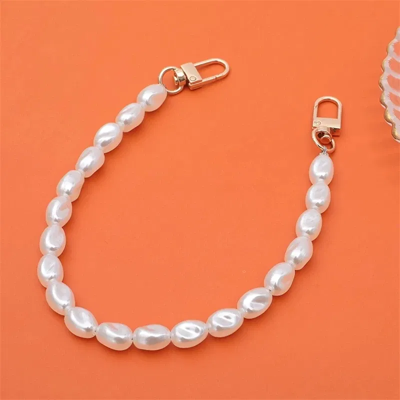 Color: Beige, Bundle: Case & Strap, Material: Silicon - Pearl Bracelet Wrist Chain Phone Case For iPhone 13 12 11 14 15 Pro Max XR X XS Mini 7 8 Plus SE Transparent Hard Acrylic Cover