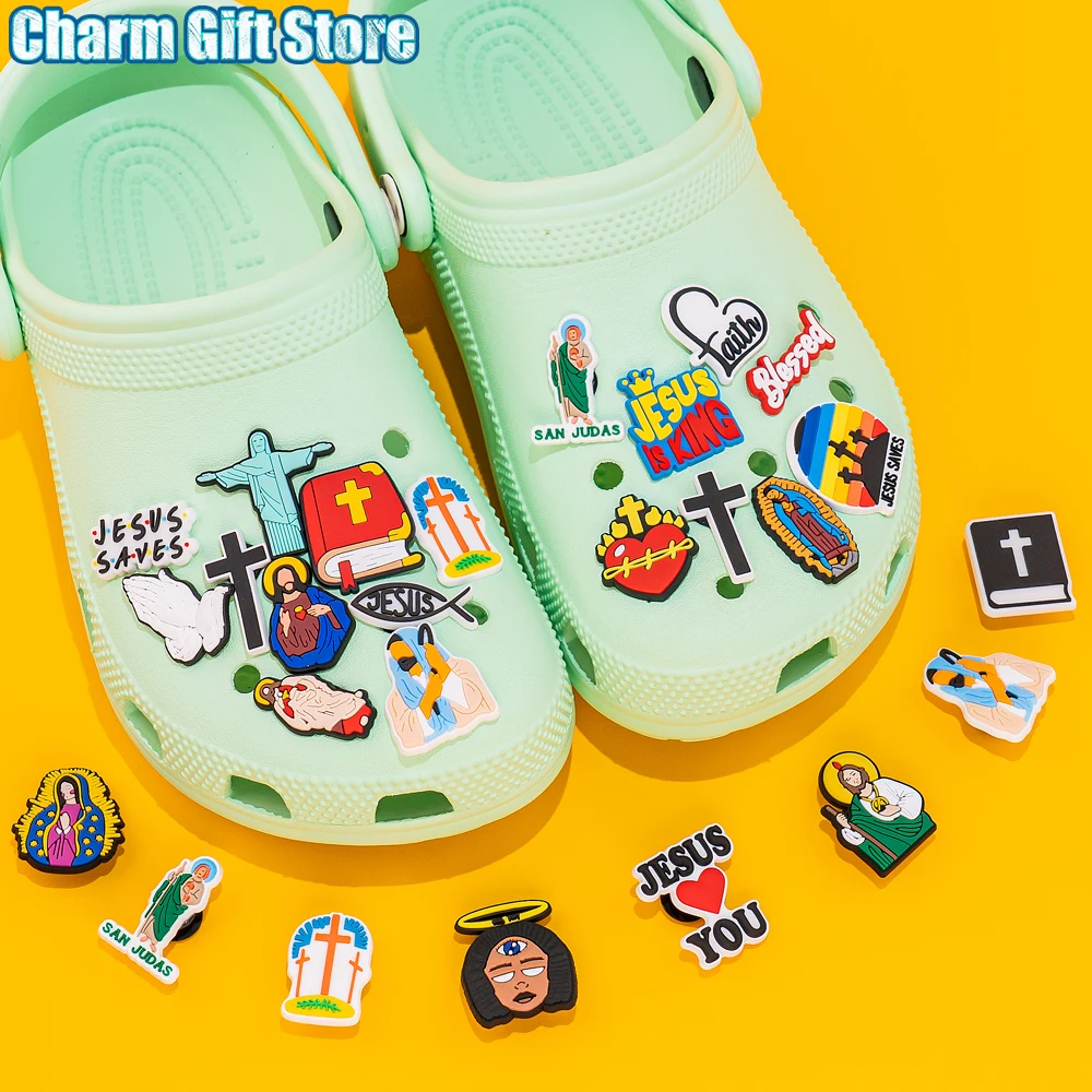 Color: WHITE - 1pcs New Shoe Charm Religion PVC Clog Charms Crucifix Blessed Virgin Mary Clog Pin Clips Jeans Garden Sandal Shoe Decoration
