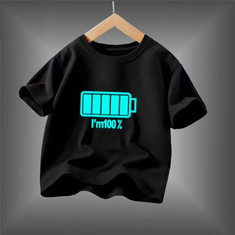 Kid Size: 6T, Color: Black - 2024 New Boys Luminous Battery T Shirts Summer Short Sleeve Children's Clothes Kids Glow In Dark Tees