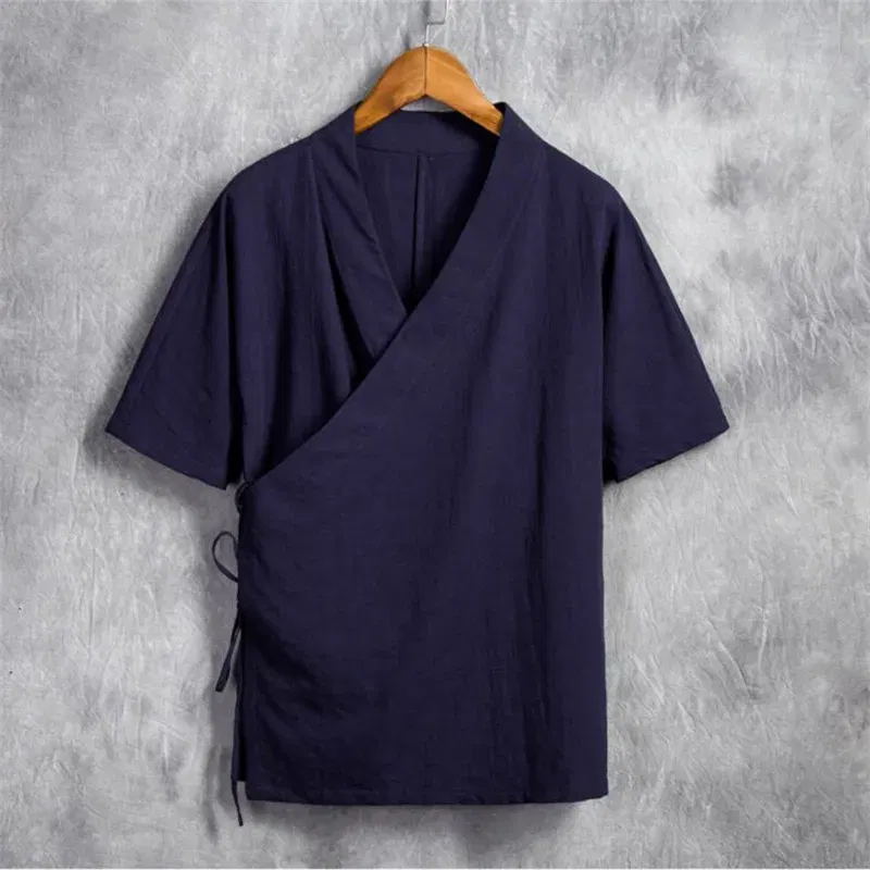 Color: Navy Blue, Size: XXL - Men Cotton Linen Short sleeve Kung Fu Shirt Classic Chinese Style Tang Clothing Size M-6XL