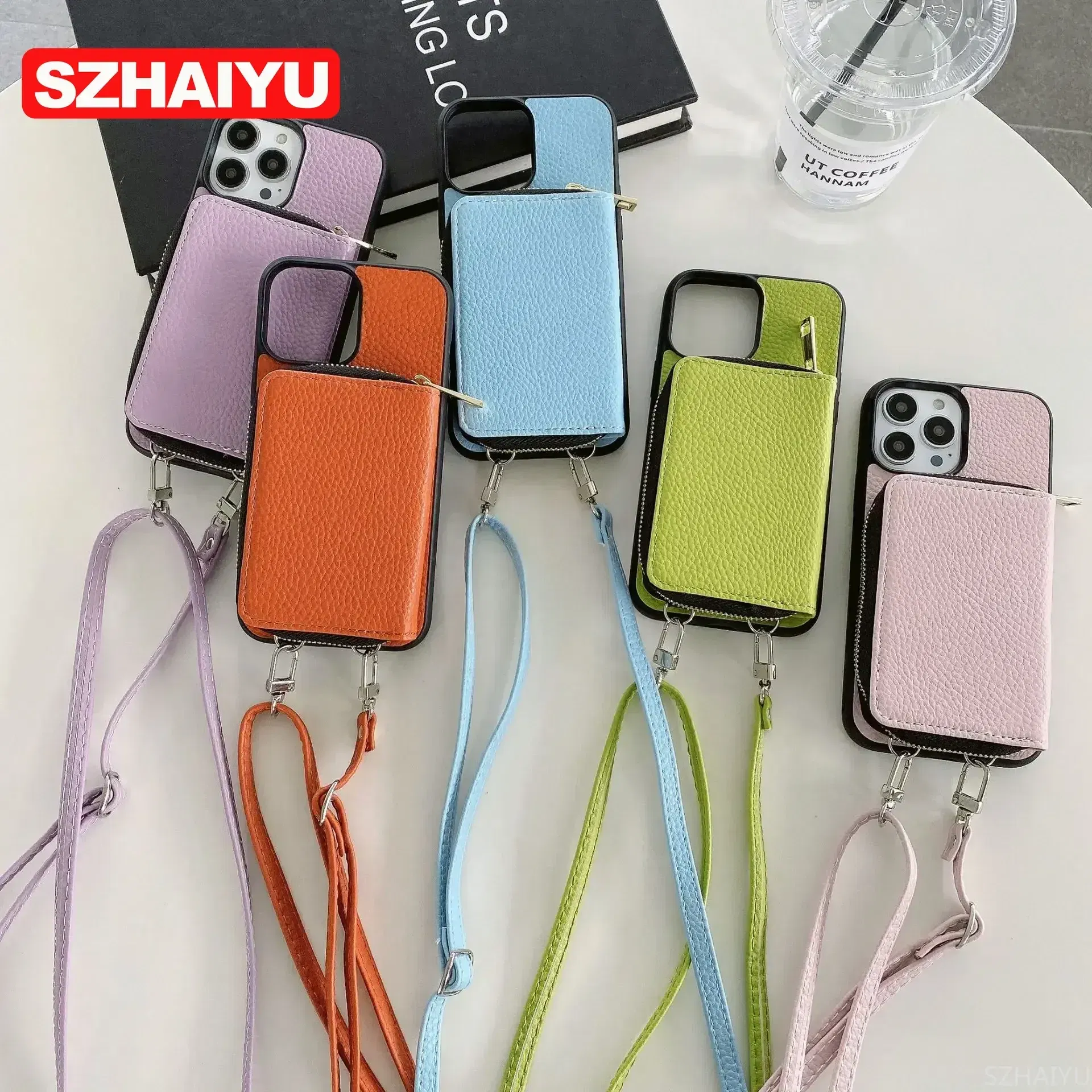 Material: Neoprene, Color: green - Zipper Wallet Phone Case For iPhone 16 15 14 13 12 Mini 11 Pro XS Max X Plus Card Slot Holder Crossbody Lanyard Leather Cover