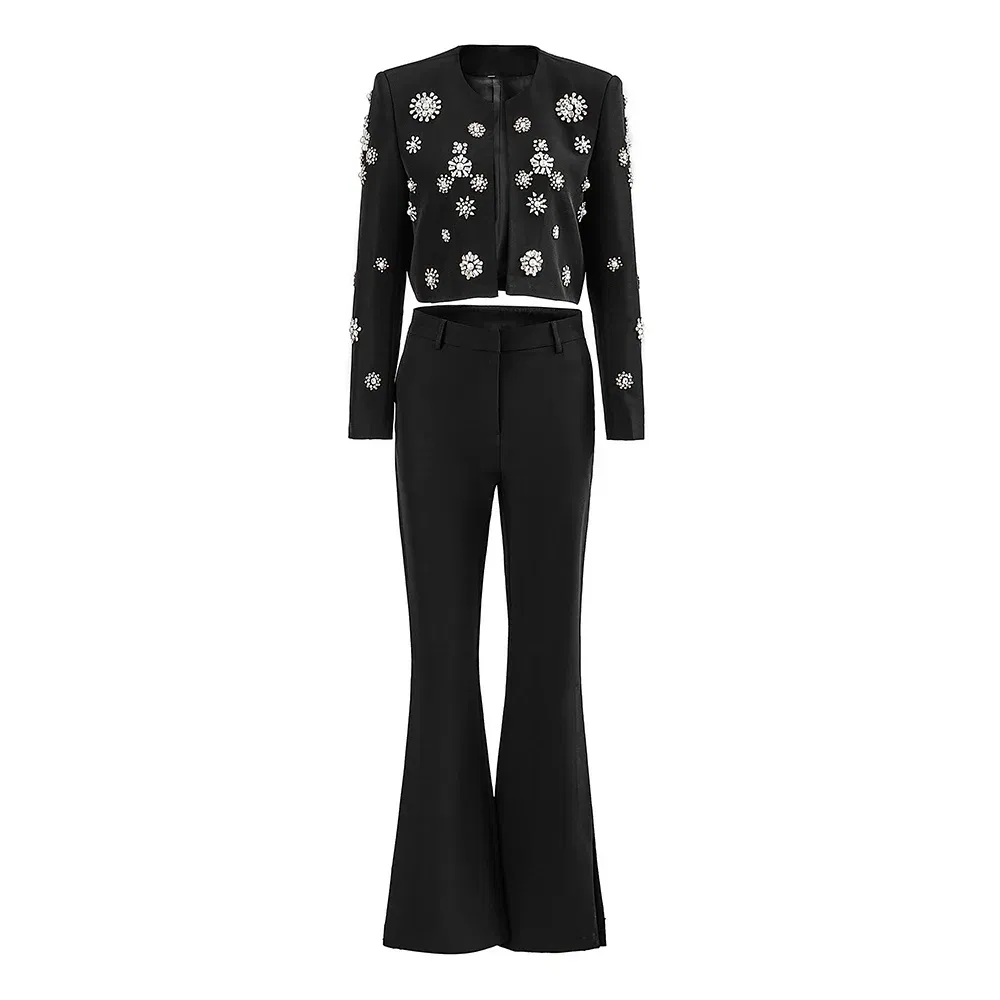 Color: black, Size: S, Ships From: CHINA - Luxury Design Handmade Spark Rhinestone Women 2PCS Pants Suits Short Jacket Wide-leg Trousers High Street White Twin Sets