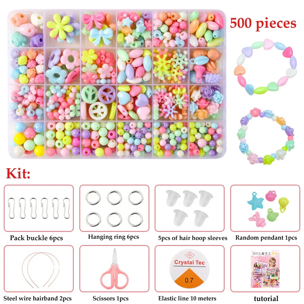 Color: Clear - 500pcs DIY Handmade Beaded Children's Toy Creative Loose Spacer Beads Crafts Making Bracelet Necklace Jewelry Kit Girl Toy Gift