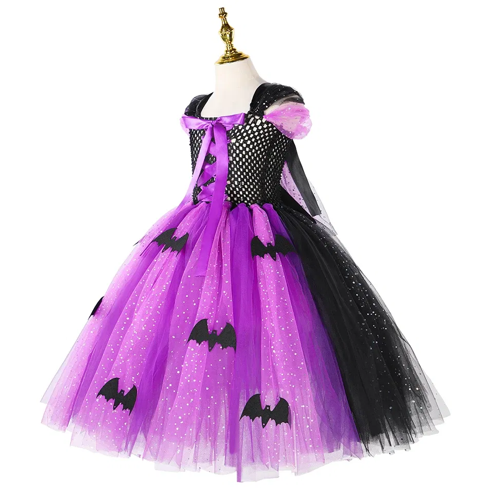 Color: Beige, Kid Size: 2T - Halloween Witch Tutu Dress for Girls Handmade Mesh Bat Wizard Cosplay Costumes with Hat Broom Toddler Evil Party Clothes Set