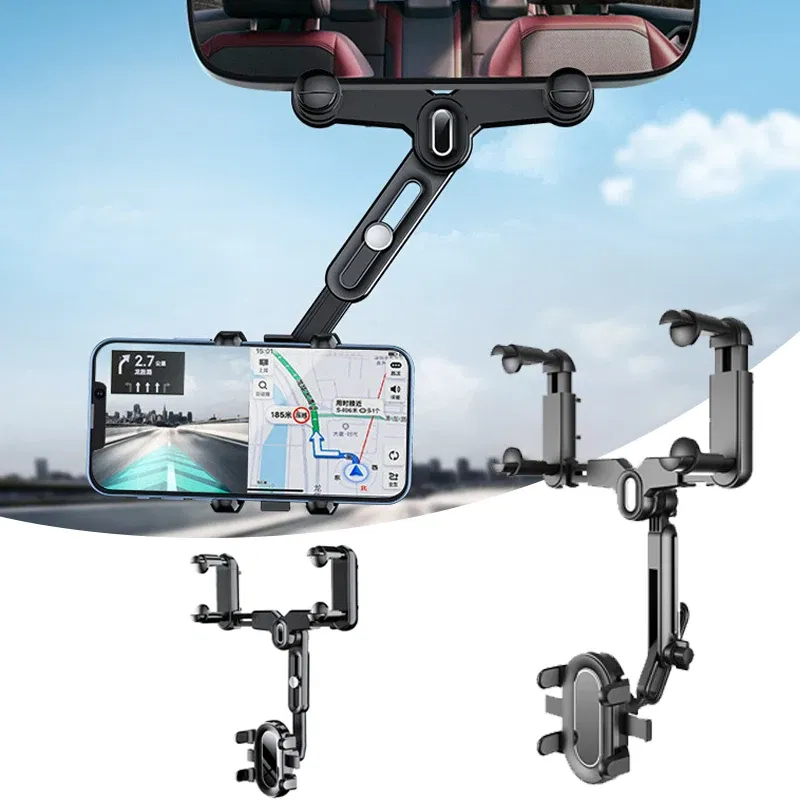 Color: Red - Universal Car Phone Holder Rearview Mirror Phone Holder Adjustable Navigator Bracket 360 Rotatable Retractable For Car Mobile