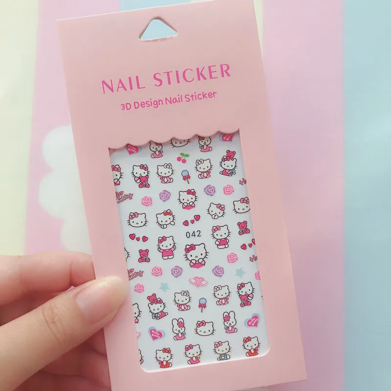 Color: Black with White - 1PCS Hello Kitty 3D Nail Stickers Press on Nails Mickey Mouse Donald Duck Stitch Cartoon Stickers Nail Art Decoration